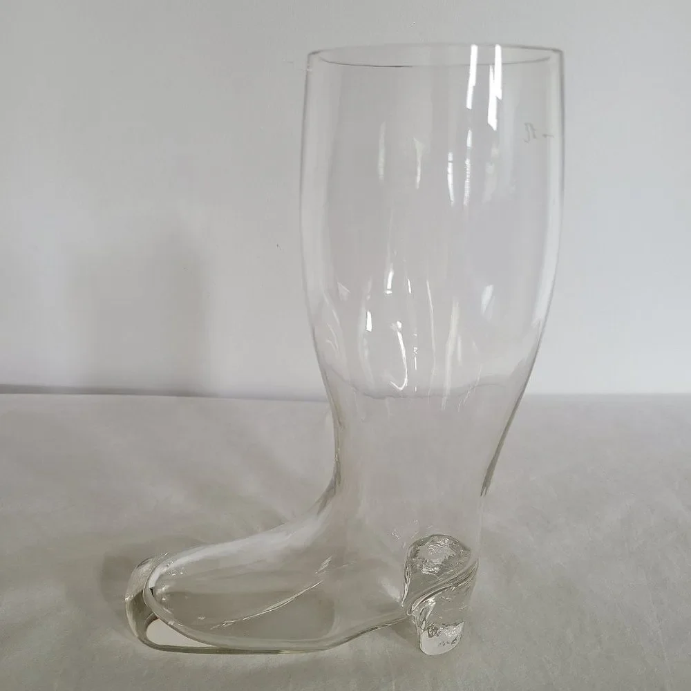 Vintage Large Handblown European Two Pint Clear Glass Beer Boot Drinking Glass